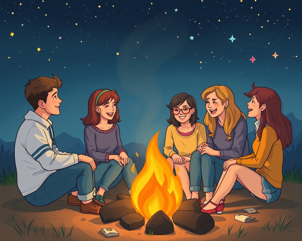 A group of close friends, sitting in a circle around a campfire, laughing and sharing stories under the night sky. 