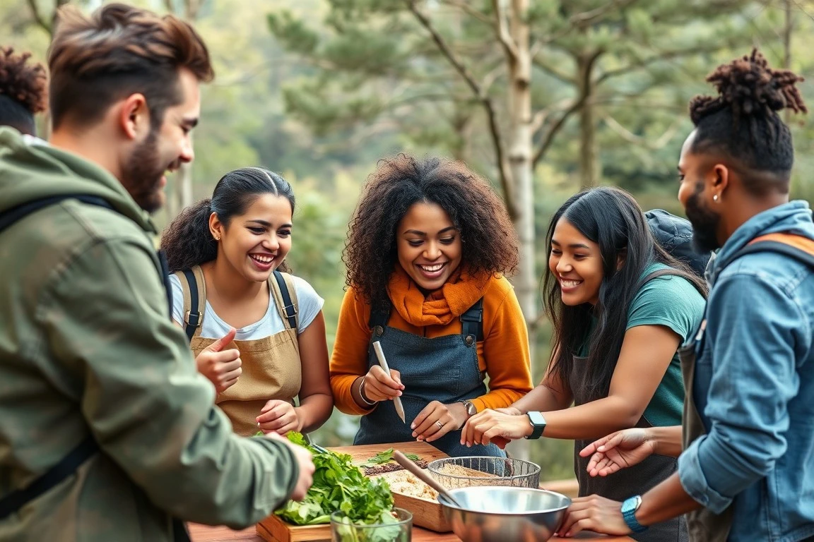 An image of a group of diverse people participating in an activity, cooking class. The friends are engaging in shared interests, enjoying the moment together