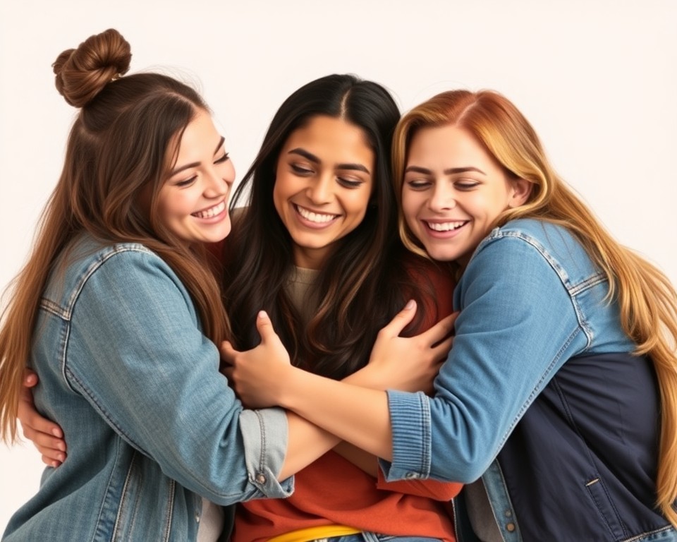 Group of friends hugging and smiling, representing platonic affection and close friendship.