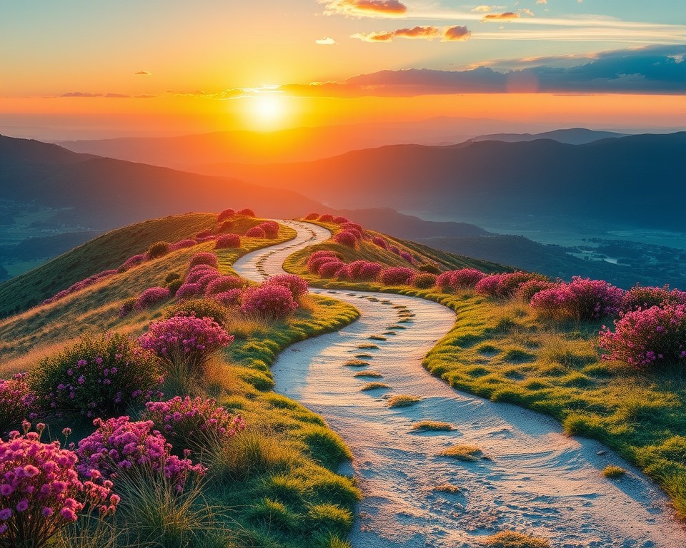 a path winding through a beautiful landscape, representing the journey of love. Along the path, show small moments of friendship turning into love.