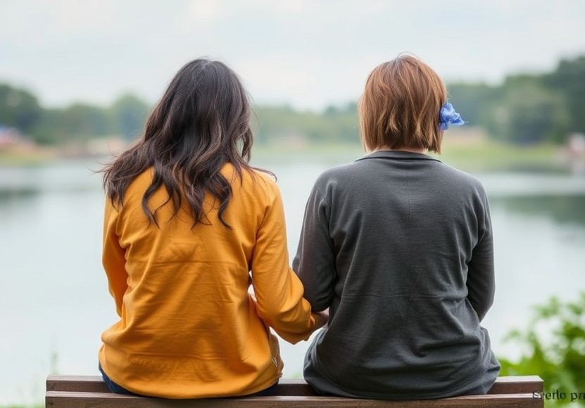 Two friends sitting in a serene setting, representing the nurturing and emotional growth of platonic intimacy.