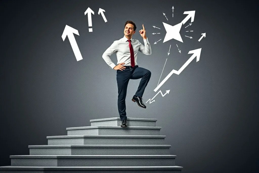 Person stepping up a staircase with motivational symbols, representing the importance of  personal growth.