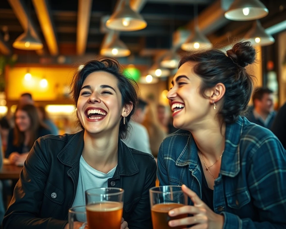 A vibrant scene of two friends laughing uncontrollably in a bustling café. Their faces are lit up with joy, and the background is warm and colorful.