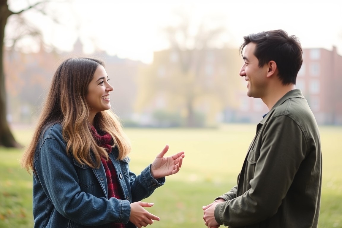 A visual representation of a platonic friendship, showcasing two people sharing a meaningful conversation in a serene park setting. The mood is reflect mutual respect and warmth,