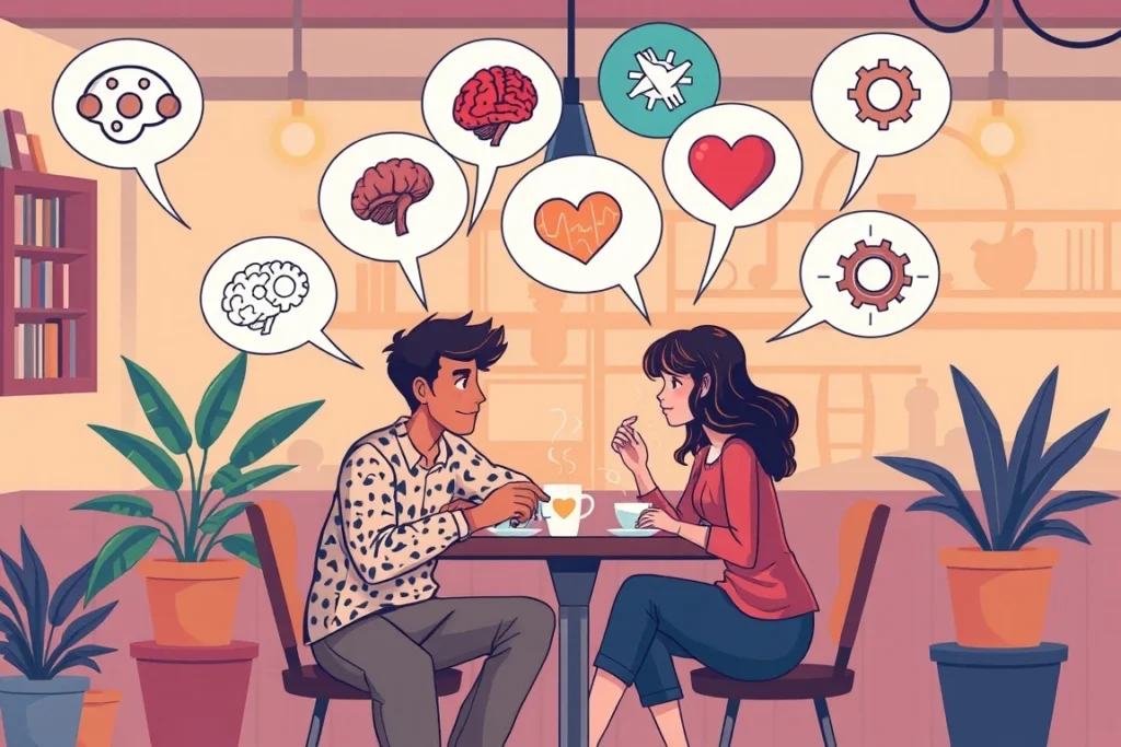  the psychology of friendships between different genders. Depict a vibrant scene of a man and a woman sitting together in a cozy coffee shop.