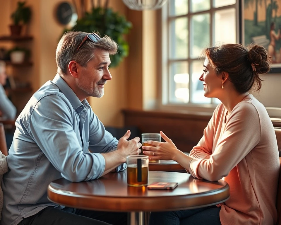 Two friends sitting at a café table, engaged in a deep and honest conversation. Their body language is open, with sincere expressions.