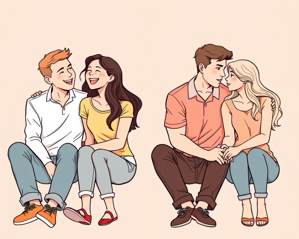 Two pairs of people, one representing a platonic relationship and the other a romantic one.