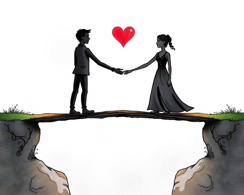 the balance between friendship and love, like two figures standing on a bridge between two lands, one representing platonic friendship and the other romantic love.