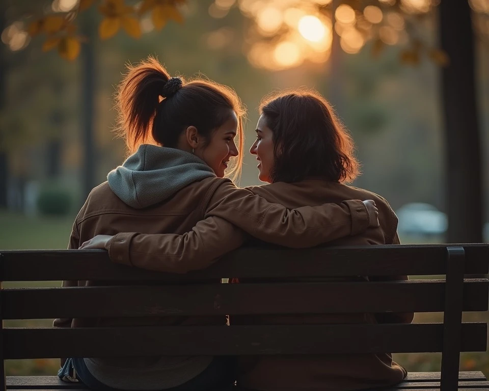 wo close friends sitting on a bench, having an intimate but balanced conversation. One friend shows empathy without overwhelming the other, offering support without crossing emotional boundaries.