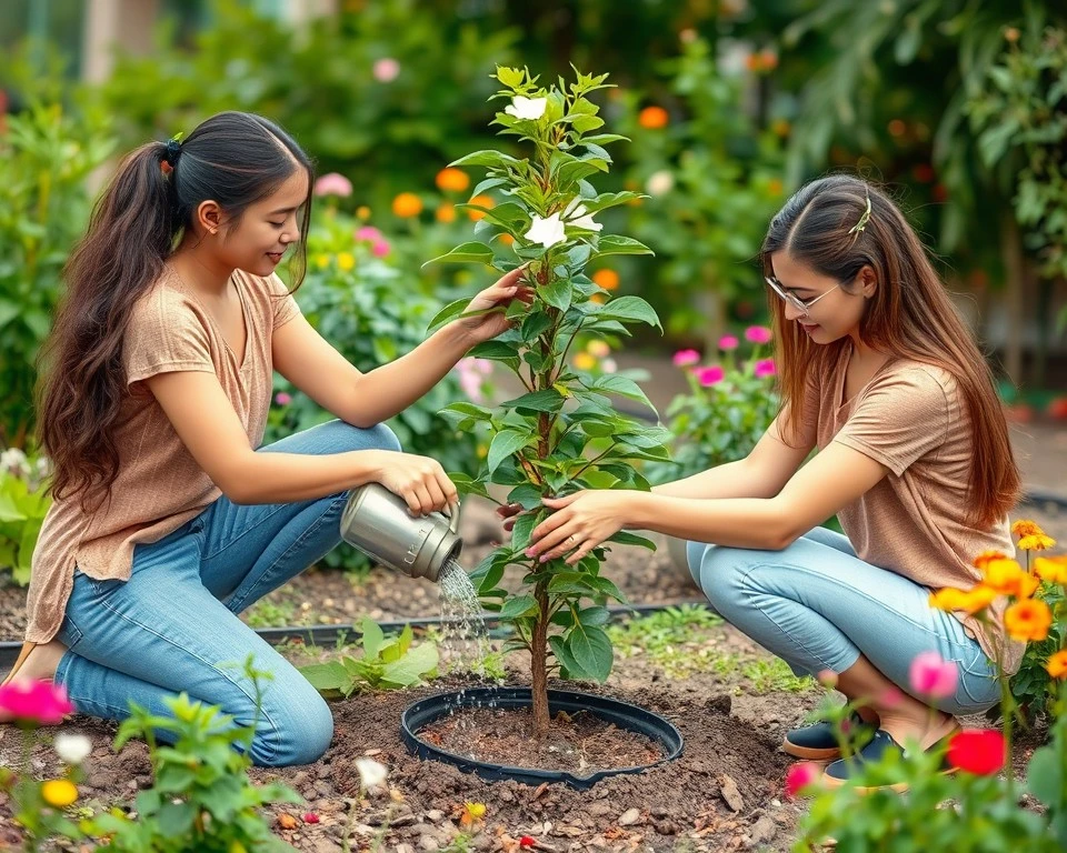 Two friends planting a tree together in a garden, with greenery and blooming flowers all around.