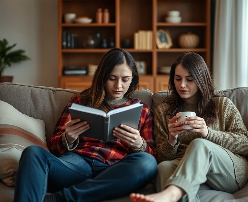 Two friends relaxing on a couch in a living room, one reading a book and the other enjoying tea. Their surroundings are peaceful, with soft lighting.