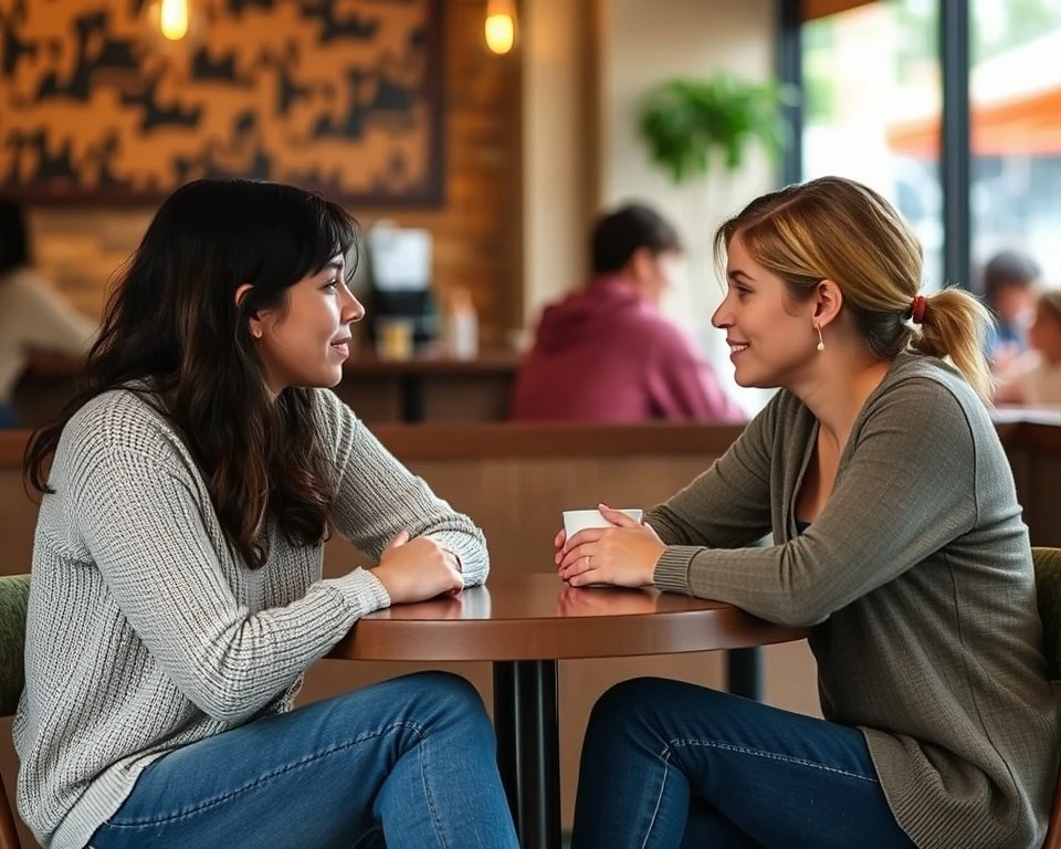 Two friends sitting at a café, engaged in a deep, open conversation. They are facing each other, with one person gently expressing their thoughts, and the other listening attentively.