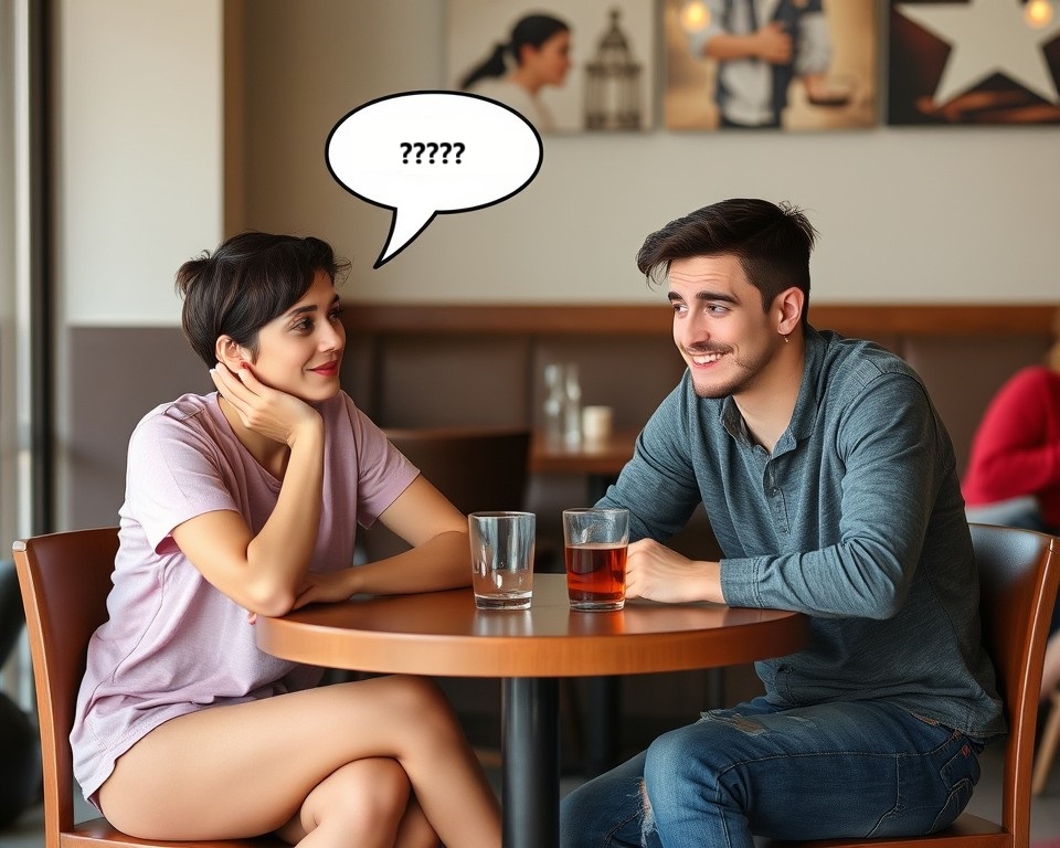 Two friends sitting at a table in a casual setting, one playfully teasing the other. The expressions show that one person is confused or unsure about the other’s intentions, illustrating the risk of sending mixed signals.