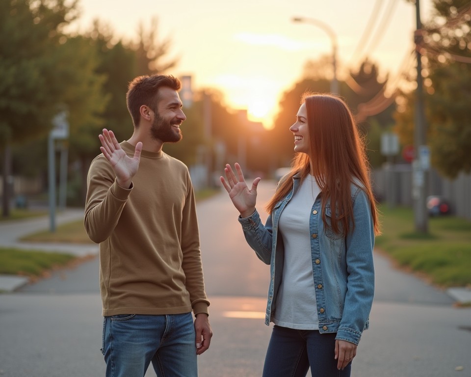 Two friends smiling and parting ways after a brief, enjoyable hangout. They stand at a crossroads, waving goodbye with a friendly demeanor