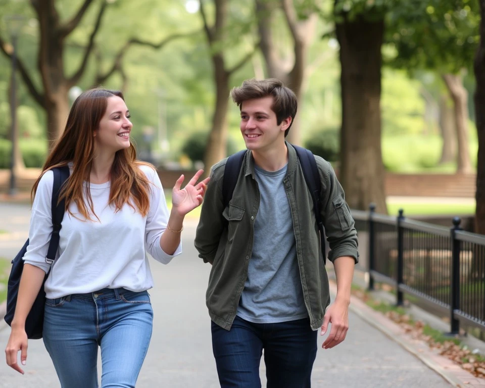 Two friends walking together in a park, maintaining a comfortable physical distance. One person gestures kindly but without physical touch, emphasizing respect for personal space. 