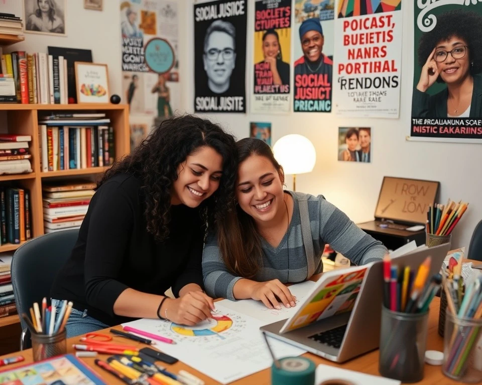 Two people working together on a creative project, surrounded by items that reflect their shared passions like books, art supplies, and social justice posters.