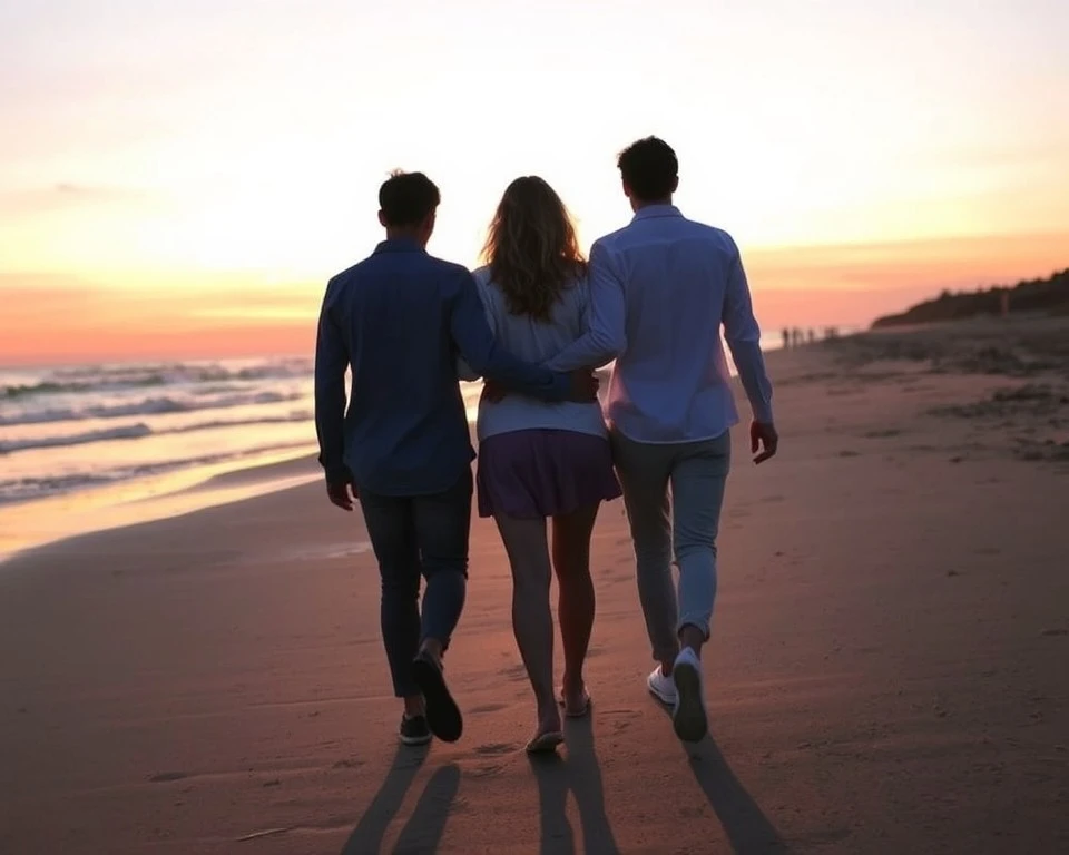 Two friends walking side by side on a sandy beach during sunset, with long shadows trailing behind them.