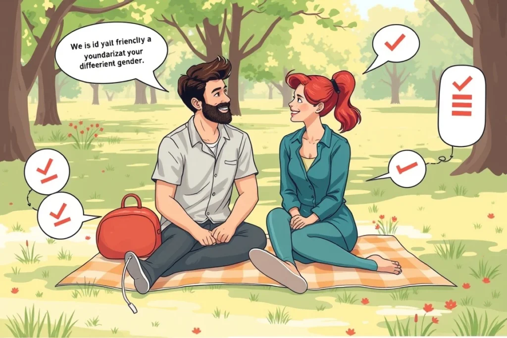 healthy platonic friendship between different genders. Show a scene in a park where a man and a woman are sitting on a picnic blanket, engaged in an open and honest conversation.