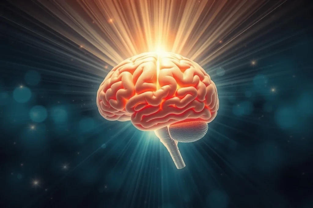 Illustration of a human brain with light rays and gears, representing the psychology behind self esteem