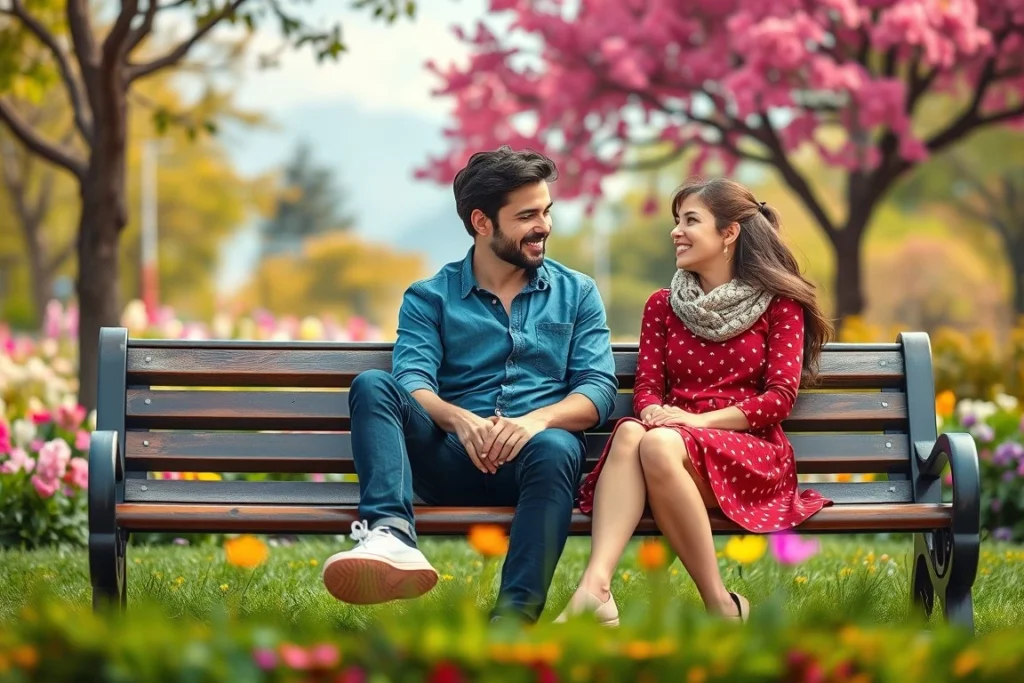 platonic friendships between people of different genders. Show a scene with two friends, a man and a woman, sitting on a bench in a park, engrossed in conversation and laughing.