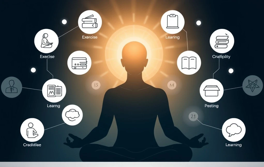 Person meditating with icons representing healthy habits for sustaining long-term self-confidence.