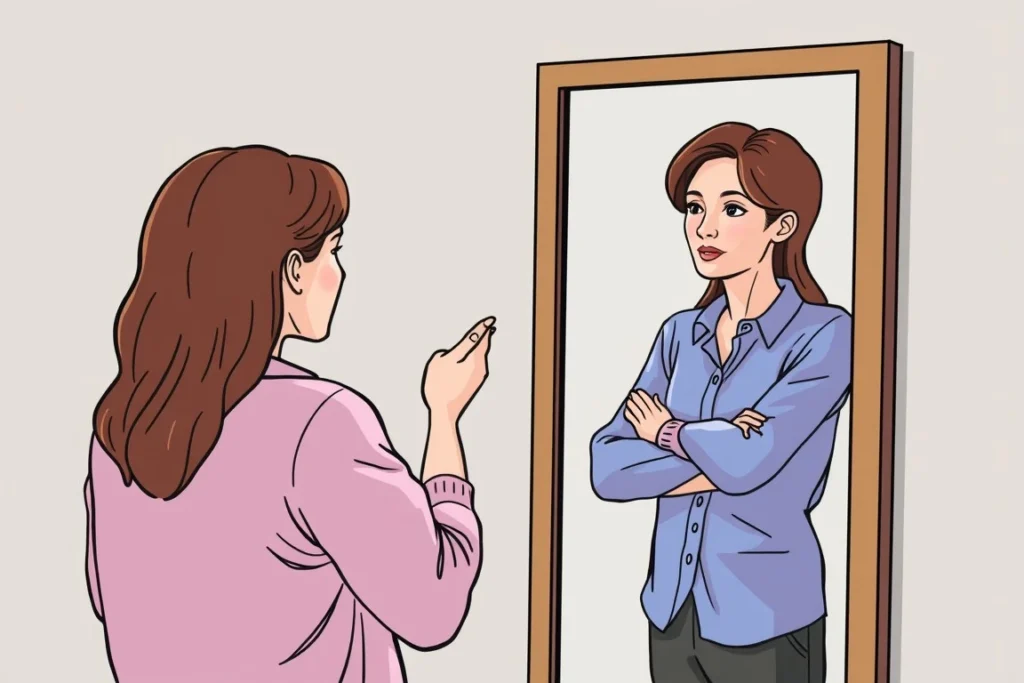 Person standing in front of a mirror, practicing positive affirmations to build self-confidence.